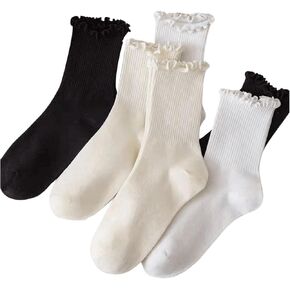 OYOANGLE Women's 3 Pairs Casual Lettuce Trim Crew Socks Breathable Solid Mid Calf Socks