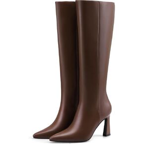 Adrizzlein Women Knee High Boots Pointed Toe Side Zipper Chunky Spool Heel Boot