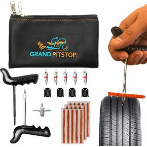GRAND PITSTOP 27 Pcs Universal Tire Repair Kit, Heavy Duty Car Emergency Tool Kit for Flat Tire Puncture Repair, Compact Kit for Autos, Cars, Motorcycles, Trucks, RVs, etc.(15 Strips)