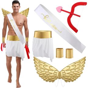 Valentine Cupid Costume for Adult Men Includes Wings Arrow Bow Wrist Cuffs Body Sash Kilt for Valentine Dress Up