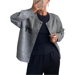 Women's Bow Pattern Cardigan Sweater Long Sleeve Button Down Loose Cardigans Outerwear