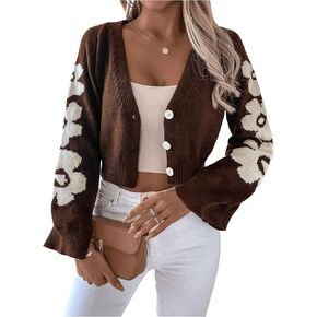 MakeMeChic Women's Floral Cropped Cardigan Sweater Bell Sleeve Button Down Knitwear