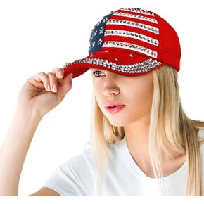 SIQITECHNO Women Rhinestone American Flag Baseball Cap Sparkly USA Flag Hat The 4th of July Hat Hip Hop Cap Adjustable