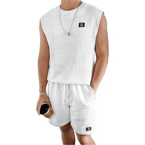 Men's 2 Piece Outfits Letter Waffle Knit Sleeveless Tank Top and Drawstring Waist Track Shorts Sets