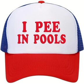 Vintage Retro Style Throwback 80's Novelty Trucker Hat I Pee in Pools Breathable Mesh RED, White & Blue Baseball Cap Adjustable Sun Protection Caps for Outdoor Activities