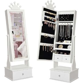 Kids Jewelry Cabinet with Full-Length Mirror, Freestand Mirror with Storage Drawers, Kids Vanity Dress Up Mirror with Jewelry Organizer, 46" Jewelry Armoire for Kids Bithday, Girls Xmas Gifts(White)