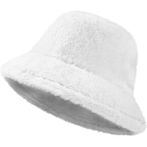 Premillow Winter Fuzzy Bucket Hats for Women - Faux Fur Bucket Hat, Warm Fluffy Hat Fisherman Cap, Bucket Winter Hats for Women Men, Solid Color Style, White