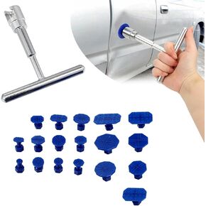 19 PCS Car Body Dent Portable Puller Repair Kit, 4.72" x 3.74" T-Shaped Dent Puller + 18 Sticky Paint Repair Suction Cups, Reusable Car Body Repair Accessory, for Cars (Blue & Silver)