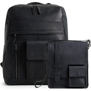 VELEZ Black Top Grain Leather Backpack + Small Messenger Bag For Men