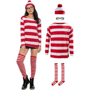 Adults Red and White Striped Shirt Halloween Costume Shirt Glasses and Hat Socks Suit