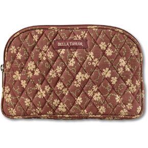 Bella Taylor Large Quilted Cotton Makeup Pouch for Women, Travel Cosmetic Bag, Quilted Cotton Primitive Patch Navy, Red and Tan Patchwork