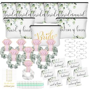 63 Pcs Bridesmaid Proposal Gift Sets Maid of Honor Matron of Honor Bride Gifts Bridal Shower Cosmetic Makeup Bags Scrunchies Hair Knotted Bracelets Invitation Cards for Wedding (Green Leaves)