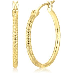 14K Gold Earrings, Gold Hoop Earrings for Women, Engraved Dainty Gold Earrings, 14K Gold Plated 925 Sterling Silver, 25mm