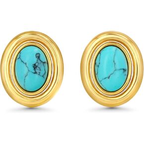 Gold Turquoise Medium Oval Button Chunky Statement Earrings for Women, Light Blue Bold Handmade Exaggerated Dome Retro Rounded Button Trendy Bohemian Gemstone Stud Jewelry Gifts, Green Unique Vintage Baroque Stone Summer Beach Fashion Earrings Accessories