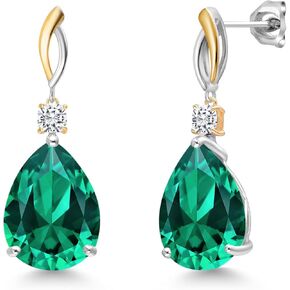 Gem Stone King 19.14 Cttw Green Nano Emerald and White Moissanite Earrings For Women | 925 Silver and 10K Yellow Gold | Gemstone May Birthstone | Pear Shape 18X13MM and 4MM Cushion