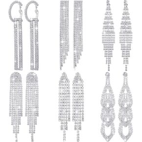 Sureio 6 Pairs Long Earrings Silver Chandelier Tassel Dangle Earrings for Women Wedding Prom Party Jewelry Fringe Rhinestone Earrings Boho Tassel Drop Dangle Crystal Earrings(Delicate Style)