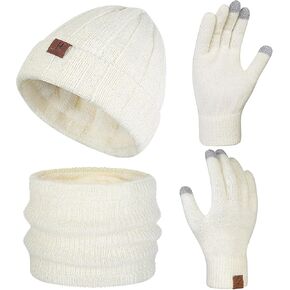 Winter Beanie Hat Scarf Gloves Set for Women Fleece Lined Beanie Knit Neck Warmer Touchscreen Gloves Cold Weather Warm Set