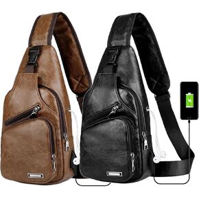Peicees Pack of 2 Medium Leather Sling Bag Mens Crossbody Bag Chest Bag Sling Backpack for Men with USB Charge Port, Light Brown&Black