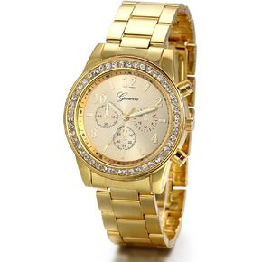 JewelryWe Luxury Mens Women's Gold Dress Watch Stainless Steel Bling Rhinestones Quartz Wrist Watches for Valentines Day