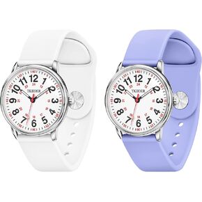2 Pack Nurse Watch for Nurse Medical Professionals Students Women Men, 50M Waterproof 12/24 Hour Military Time Luminouse Easy Read Dial, Second Hand Watch for Nursing （White and Purple）