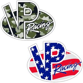 VP Racing Logo Decals - Set of 2 VP Racing Fuels American Flag & Green Camo Logo 4.5" Vinyl Car Stickers for Window Truck Bumper Laptop Gas Can