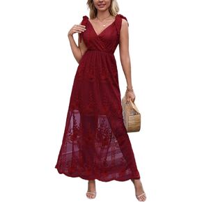 Women's V Neck Tie Strap Embroidered Lace Maxi Wedding Dress Boho Sleeveless V-Back Wedding Guest Party Dresses