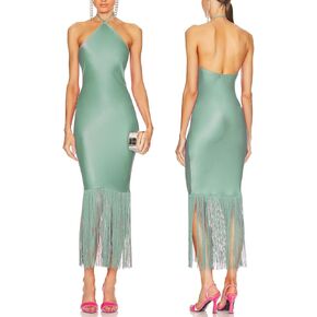 JLCNCUE Women Halter Neck Bodycon Midi Dress Fringe Hem Dress Sleeveless Open Back Tassels Cocktail Party Dress 262