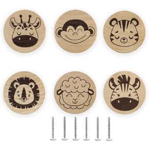 6Pack Round Wood Safari Animal Lion Handles Baby Kids Dresser Door Furniture Knobs and Handles Nursery Decor Unique Cabinet Drawer Pulls