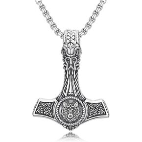 Thors Hammer Necklace Sterling Silver Celtic Knot Wolf Necklace Viking Mjolnir Pendant Jewelry for Men Women