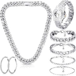 Tondiamo 7 Pcs Hip Hop Jewelry Set Bling Diamond Cuban Link Chains Rhinestone Necklace Bracelet Earrings Crystal Diamond Watches Jewelry Set for Woman Men