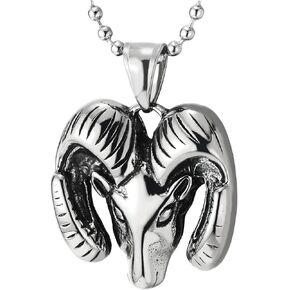 COOLSTEELANDBEYOND Mens Ram Head Pendant, Steel Goat Head Pendant Necklace, Bold Symbol of Strength, 24 In Ball Chain