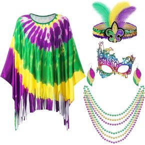 Hicarer Mardi Gras Costume Accessory Set Carnival Tie Dye Poncho for Women Mardi Gras Cape Scarf Shawl Feather Headband Mask Mardi Gras Beads Earrings Masquerade Party Supplies 60s 70s Hippie Outfits