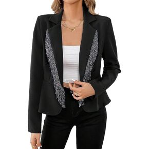 WDIRARA Women's Contrast Sequin Open Front Blazer Lapel Neck Long Sleeve Jacket