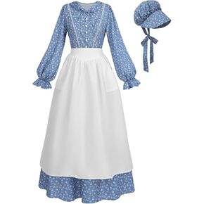 LTAKK Colonial Dress Women Pioneer Costume Pilgrim Prairie Dresses with Apron and Bonnet