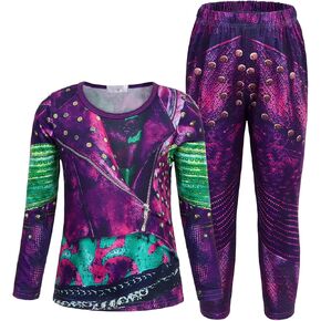 زي AmzApparel Descendants 3 Mal مع شعر مستعار للفتيات والأطفال بأكمام طويلة وبنطلون مجموعات ملابس ملابس الهالوين
