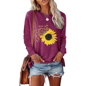 Women's Fall Sunflower T Shirt Cute Graphic Tees Casual Loose Long Sleeve Crew Neck Tunic Tops