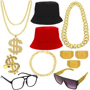 80s 90s Accessories Hip Hop Costume Outfit Kit Gold Chain Money Sign Necklace Ring Sunglass Hat Rapper Accessory