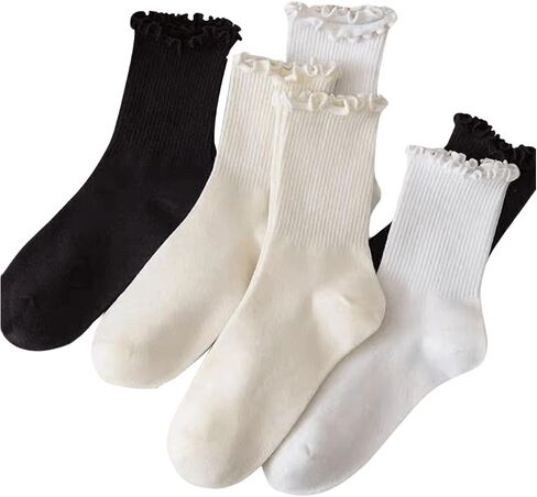 OYOANGLE Women's 3 Pairs Casual Lettuce Trim Crew Socks Breathable Solid Mid Calf Socks in Saudi Arabia