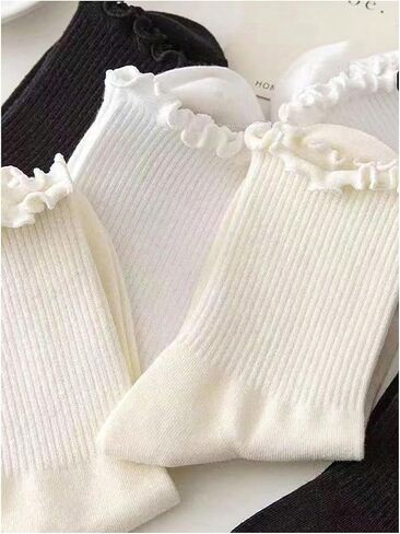 OYOANGLE Women's 3 Pairs Casual Lettuce Trim Crew Socks Breathable Solid Mid Calf Socks in Saudi Arabia