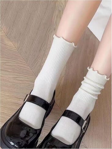 OYOANGLE Women's 3 Pairs Casual Lettuce Trim Crew Socks Breathable Solid Mid Calf Socks in Saudi Arabia