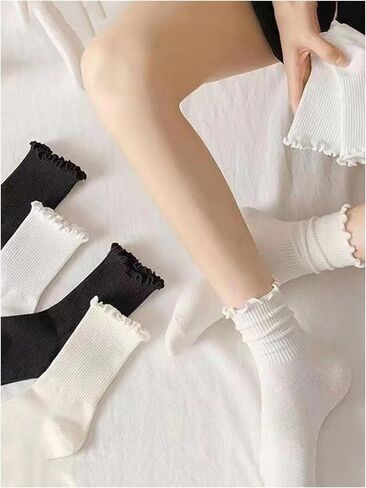 OYOANGLE Women's 3 Pairs Casual Lettuce Trim Crew Socks Breathable Solid Mid Calf Socks in Saudi Arabia