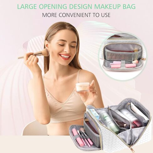 ZAUKNYA Large Capacity Travel Cosmetic Bag - Makeup Bag, Portable Leather Waterproof Women Travel Makeup Bag Organizer, with Handle and Divider Flat Lay Checkered Cosmetic Bags (White) in Saudi Arabia