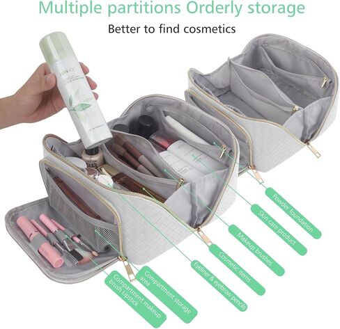 ZAUKNYA Large Capacity Travel Cosmetic Bag - Makeup Bag, Portable Leather Waterproof Women Travel Makeup Bag Organizer, with Handle and Divider Flat Lay Checkered Cosmetic Bags (White) in Saudi Arabia