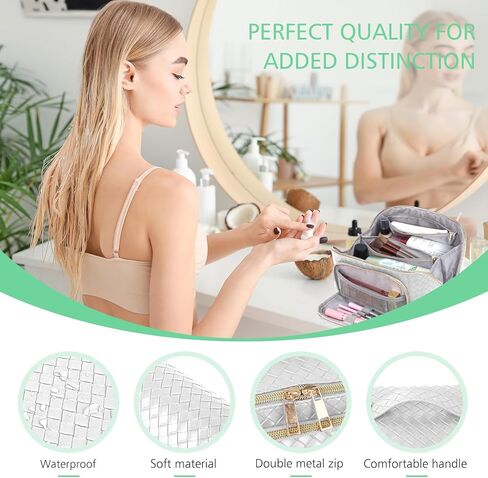 ZAUKNYA Large Capacity Travel Cosmetic Bag - Makeup Bag, Portable Leather Waterproof Women Travel Makeup Bag Organizer, with Handle and Divider Flat Lay Checkered Cosmetic Bags (White) in Saudi Arabia