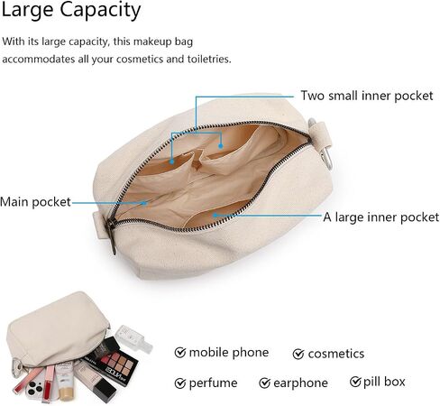 Organizer Bag -Lightweight Cosmetic Bag with Ring Clasp, Perfect Travel Makeup Bag for Women,nylon Stand Up Design (Beige/Canvas) in Kuwait