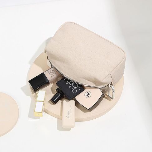 Organizer Bag -Lightweight Cosmetic Bag with Ring Clasp, Perfect Travel Makeup Bag for Women,nylon Stand Up Design (Beige/Canvas) in Kuwait