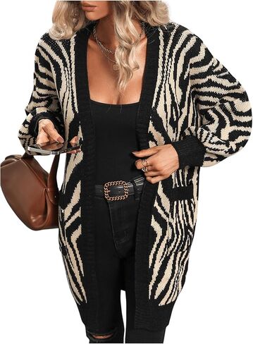MakeMeChic Women's Zebra Striped Duster Cardigan Long Sleeve Open Front Contrast Binding Cardigan Sweater in Saudi Arabia