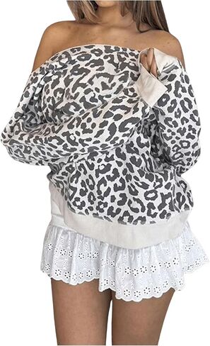 MakeMeChic Women's Number Leopard Print Sweatshirts Long Sleeve Off The Shoulder Crop Tops in Saudi Arabia