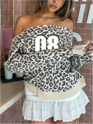 MakeMeChic Women's Number Leopard Print Sweatshirts Long Sleeve Off The Shoulder Crop Tops in Saudi Arabia