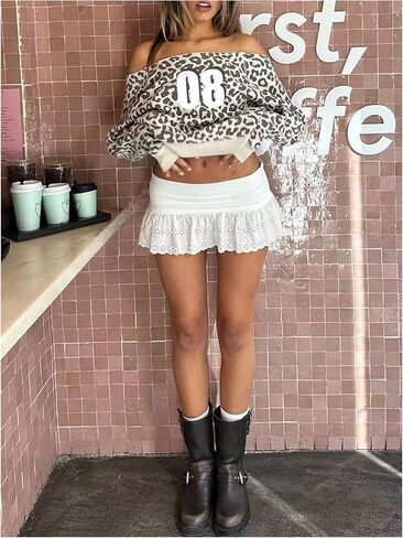 MakeMeChic Women's Number Leopard Print Sweatshirts Long Sleeve Off The Shoulder Crop Tops in Saudi Arabia